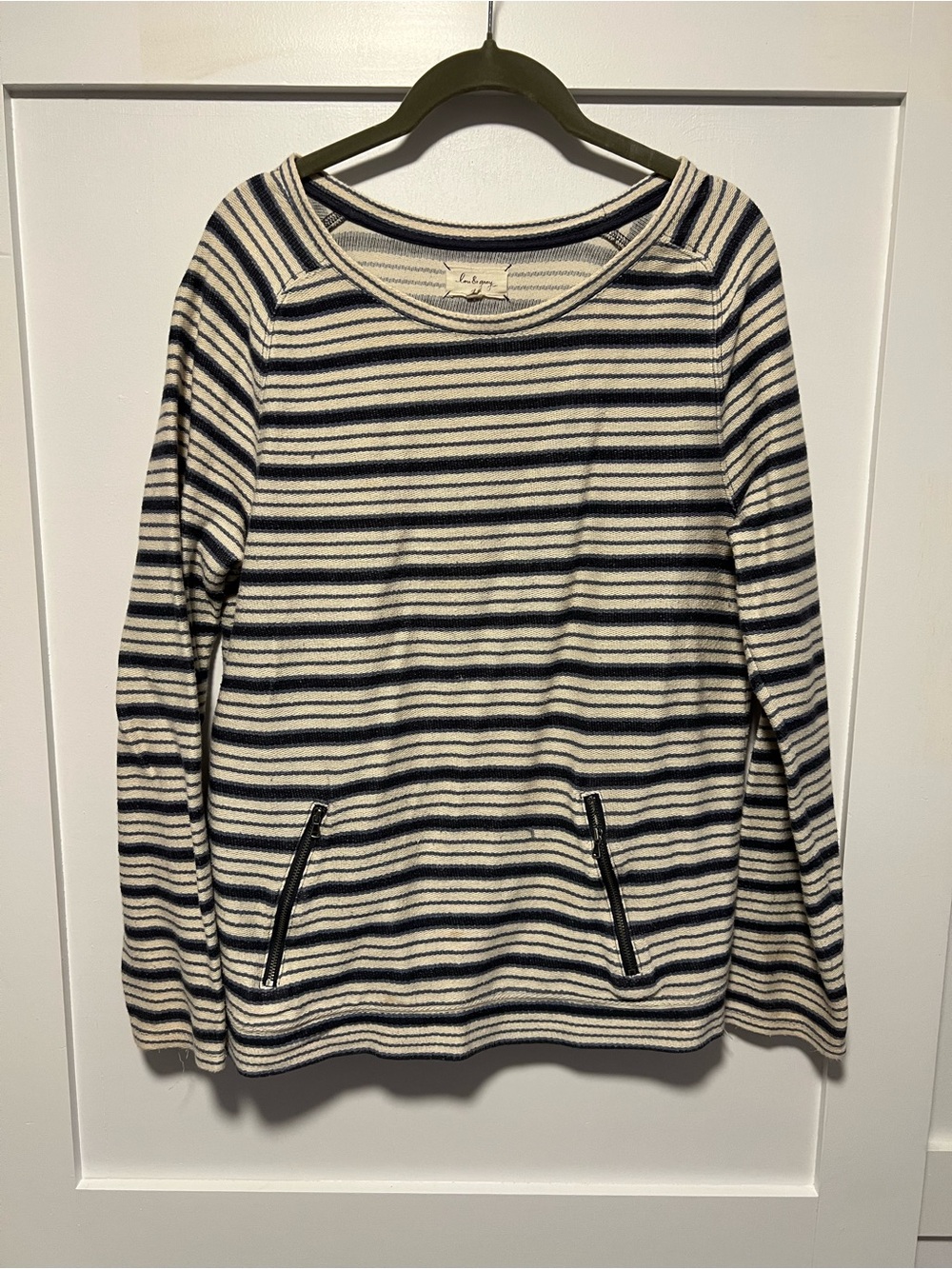 Lou & Grey Cream and Navy Striped Crewneck Sweater with Zip Pockets